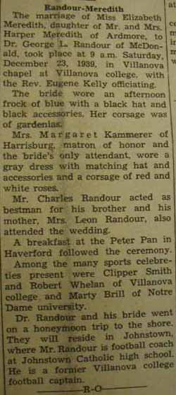 Marriage notice for George L. RANDOUR to Elizabeth Meredith, 23 Dec 1939