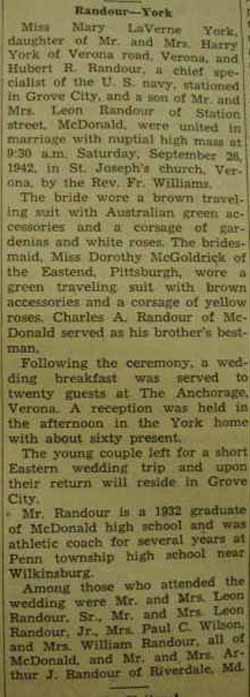 Marriage Notice for Hubert R. RANDOUR to Mary LaVerne York, 26 Sep 1942