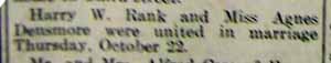 Marriage Notice for Harry W. RANK to Agnes Densmore, 22 Oct 1914