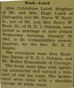 Marriage Notice for 
Harry W. RANK to Columbine Laird, 15 Jan 1941