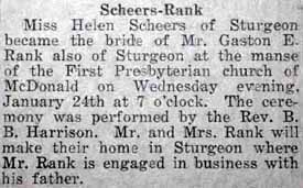Marriage Notice for Gaston E. RANK to Helen Scheers, 24 Jan 1923