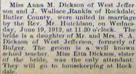 Marriage Notice for J. Wallace RANKIN to Anna M. Dickson, 19 Jun 1912
