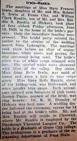 Marriage Notice for 
William Clark RANKIN to Mary Frances Irwin, 18 Jun 1926