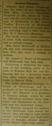Marriage notice for Alured (sic) Chaffey RANSOM to Mary Louise Thomassy, 5 Jul 1937