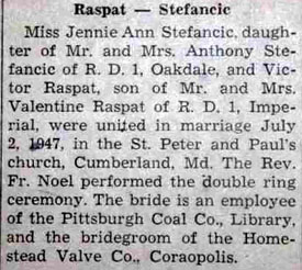 Marriage Notice for Victor RASPAT to Jennie Ann Stefancic, 2 Jul 1947
