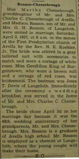 Marriage Notice for Madison REASON to Martha Cheesebrough, April 3, 1937