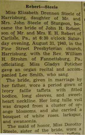 Part 1 Marriage Notice for John H. REBERT to Elizabeth Drennen Steele, 31 Aug 1940
