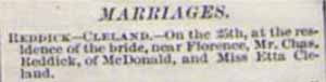 Marriage notice for Chas. REDDICK to Etta Cleland, 25 Feb 1897