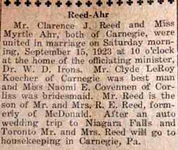 Marriage Notice for Clarence J. REED to Myrtle Ahr, 15 Sep 1923