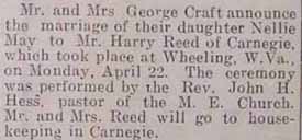 Marriage Notice for Harry REED to Nellie May Craft, 22 Apr 1912
