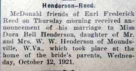 1st Article Marriage Notice for Earl Frederick REED to Dora Bell Henderson, 12 Oct 1921