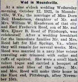 2nd Article Marriage Notice for  Earl Frederick REED to Dora Bell Henderson, 12 Oct 1921