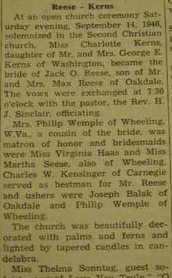 Part 1 Marriage Notice for Jack O. REESE to Charlotte Kerns, 14 Sep 1946