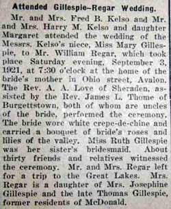 Marriage Notice for William REGAR to Mary Gillespie, 3 Sep 1921