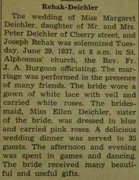 Marriage Notice for Joseph REHAK to Margaret Deichler, 29 Jun 1937
