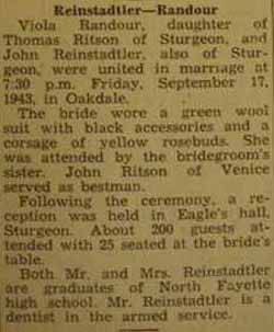 Marriage notice for 
John REINSTADTLER to Viola Randour, 17 Sep 1943