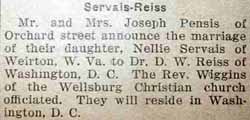 Marriage Notice for D. W. REISS to Nellie Servais, no date, in 10-22-1925 paper