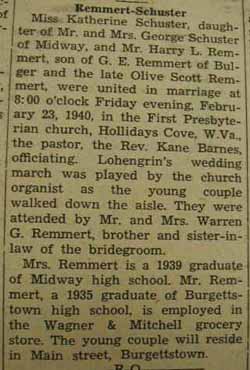 Marriage notice for 
Harry L. REMMERT to Katherine Schuster, 23 Feb 1940