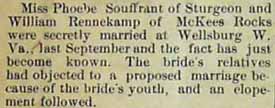Marriage Notice for William RENNEKAMP to Phoebe Souffrant, Sept., 1911, in 3-15-1912 paper