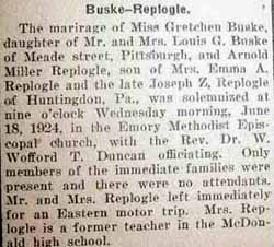Marriage Notice for Arnold Miller REPLOGLE to Gretchen Buske, 18 Jun 1924