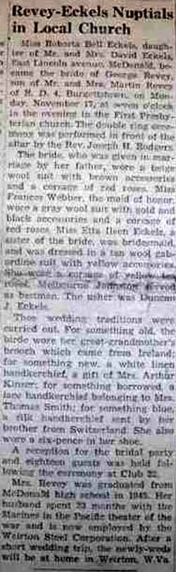 Marriage Notice for George REVEY to Roberta Bell Eckels, 17 Nov 1947