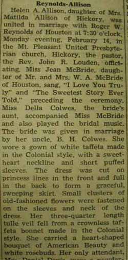 Part 1 Marriage Notice for Roger W. REYNOLDS to Helen A. Allison, 14 Feb 1938