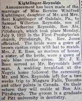 Marriage Notice for Samuel Willerton REYNOLDS to Bernice Winifred Kightlinger, 9 Jul 1923