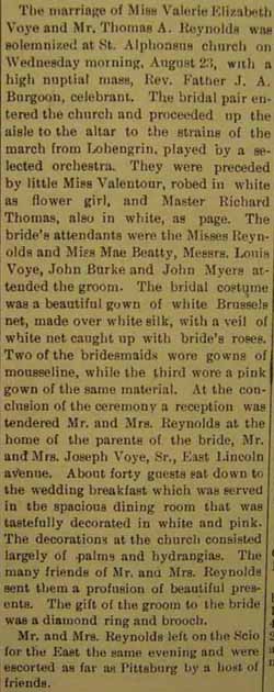 Marriage Notice for Thomas A. REYNOLDS to Valerie Elizabeth Voye, 23 Aug 1905