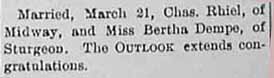 Marriage Notice for Chas. RHIEL to Bertha DEMPE, March 21, 1906