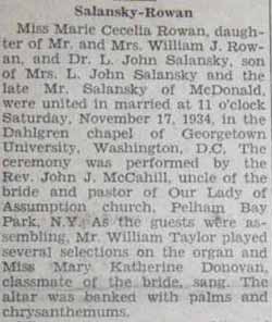 Part 1 Marriage Notice for L. John SALANSKY to Marie Cecelia Rowan, 17 Nov 1934