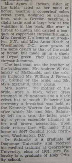Part 2 Marriage Notice for L. John SALANSKY to Marie Cecelia Rowan, 17 Nov 1934