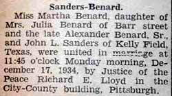 Marriage Notice for John L. SANDERS to Martha Benard, 17 Dec 1934