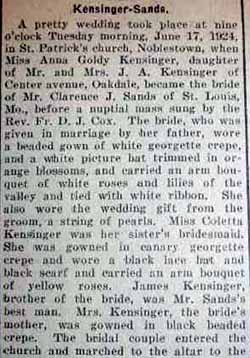 Part 1 Marriage Notice for Clarence J. SANDS to Anna Goldy Kensinger, 17 Jun 1924