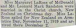 Marriage Notice for Mr. Leonard Mark SANDSTON and Margaret LaROSS, Dec. 25, 1919, married in New Zealand
