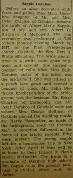 Marriage Notice for Albert Merle SAPPIE to Mary Darabos, 29 Mar 1937