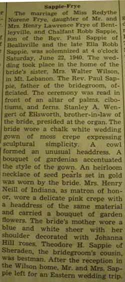 Marriage Notice for Chalfant Robb SAPPIE to Redythe Norene Frye, 22 Jun 1940