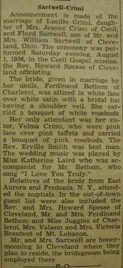 Marriage Notice for Floyd SARTWELL to Lucille Crimi, 1 Aug 1936