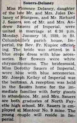 Marriage Notice for Richard J. SAUERS to Florence Delaney, 16 Jan 1939