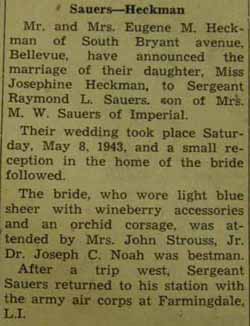 Marriage Notice for Raymond L. SAUERS to Josephine Heckman, 8 May 1943