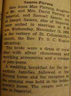 Marriage Notice for Samuel SAUERS to Anna Mae Pirrung, 15 Nov 1939