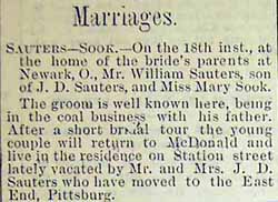 Marriage Notice for William SAUTERS to Mary Sook, 18 Oct 1892