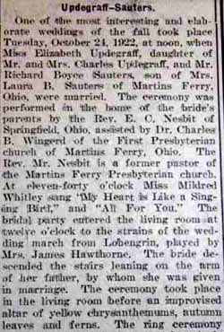 Part 1 Marriage Notice for Richard Boyce SAUTERS to Elizabeth Updegraff, no date, in 10-26-1922 paper