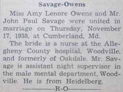 Marriage Notice for John Paul SAVAGE to Amy Lenore Owens, 17 Nov 1938