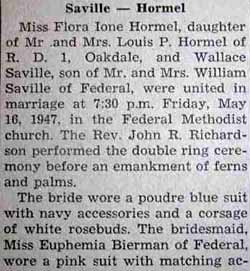 Part 1 Marriage Notice for Wallace SAVILLE to Flora Ione Hormel, 16 May 1947