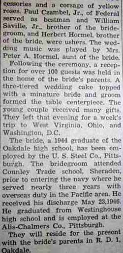 Part 2 Marriage Notice for Wallace SAVILLE to Flora Ione Hormel, 16 May 1947