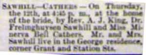 Marriage Notice for Frelinghuysen SAWHILL to Minerva Bell Cathers, 12 Feb 1897
