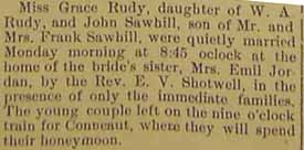 2nd article Marriage Notice for John SAWHILL to Grace Rudy, no date, in 6-19-1914 paper