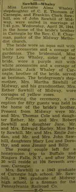 Marriage Notice for Franklin Clark SAWHILL to Lorraine Alma Whaley, 26 Apr 1944