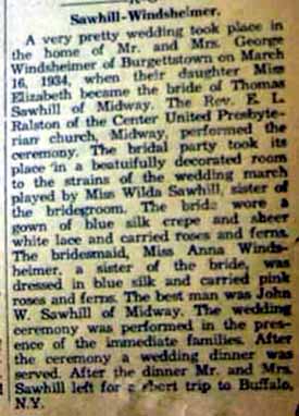 Marriage Notice for Thomas SAWHILL to Elizabeth Windsheimer, 16 Mar 1934