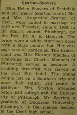 Marriage Notice for Henry SCARTON to Helen Skavera, 6 Jun 1939